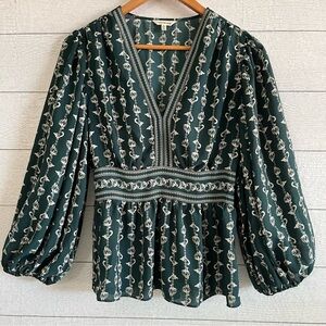 Max Studio Green Geometric Floral Print Puff Sleeve Blouse Size Small